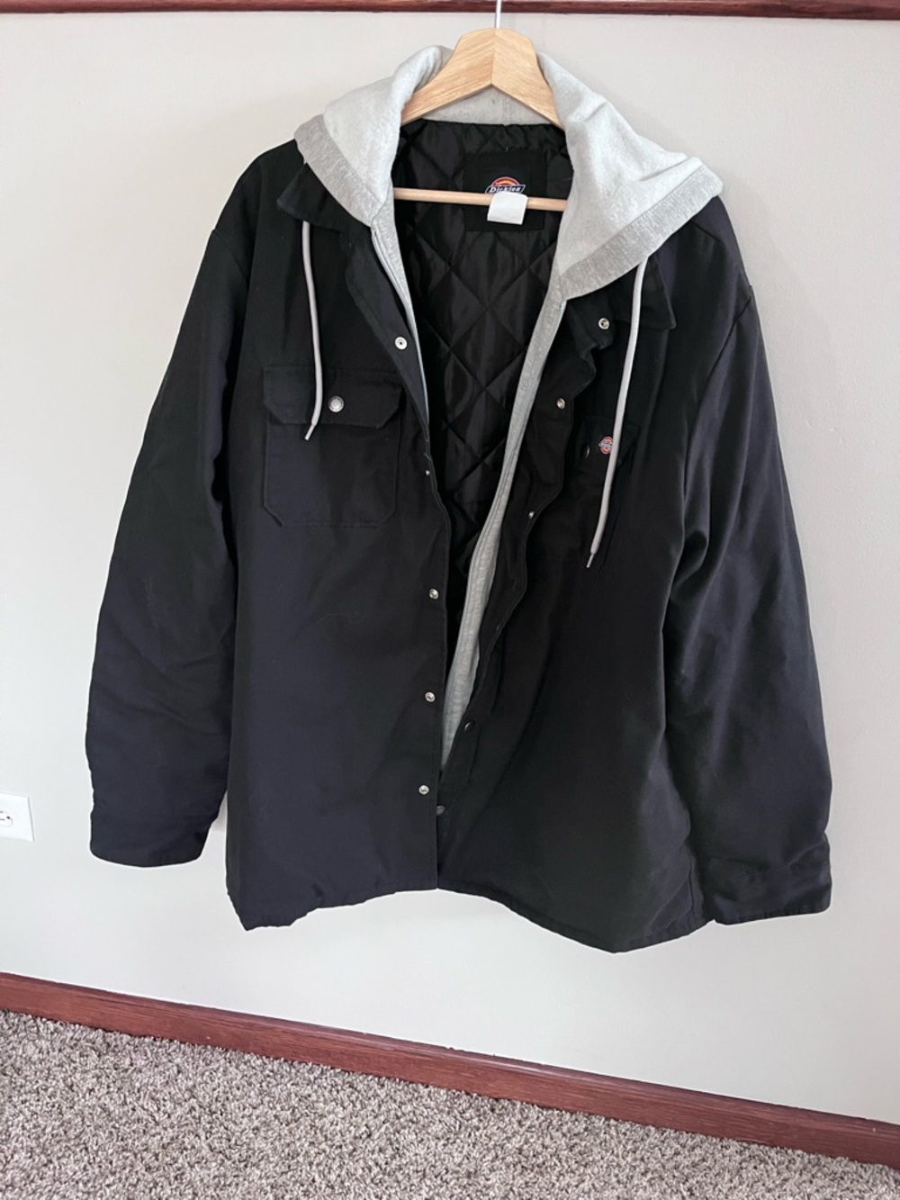 Dickies Mens 2XL Black Hooded Quilted Lined Shirt Jacket Canvas Workwear TJ211